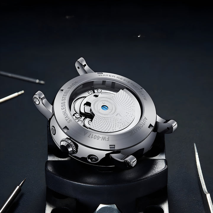 Mark Fairwhale 6017 automatic stainless steel caseback with visible mechanical movement