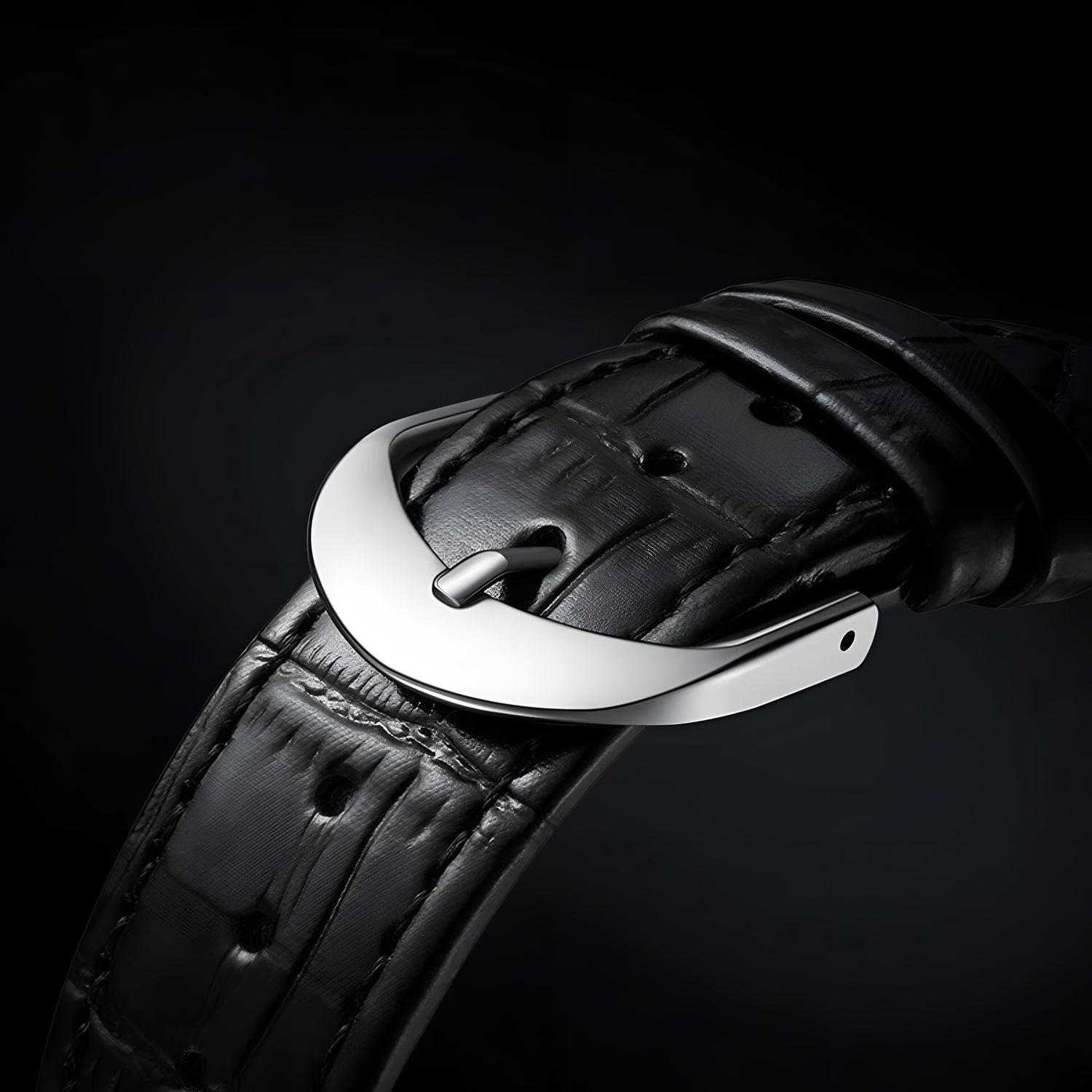 Mark Fairwhale 6017 textured black leather strap with silver buckle closure