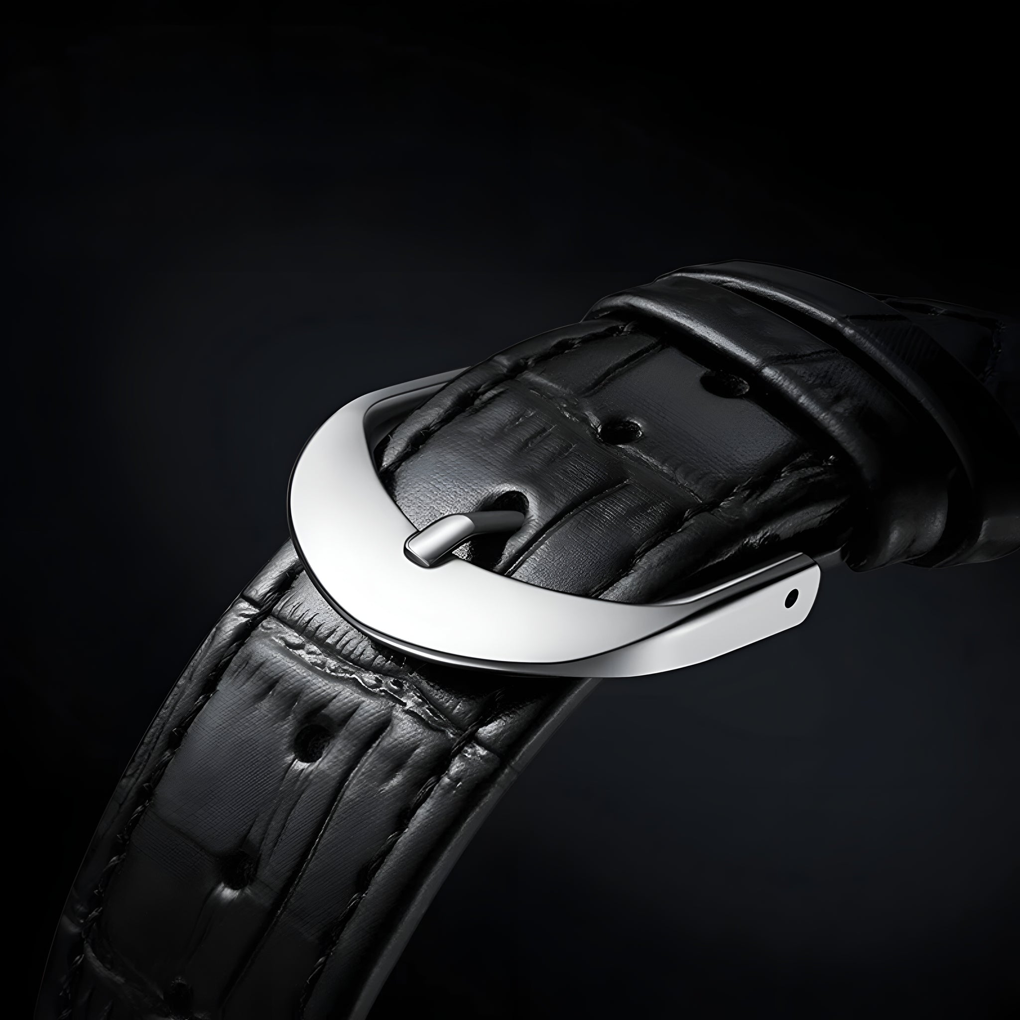 Mark Fairwhale 6017 textured black leather strap with silver buckle closure