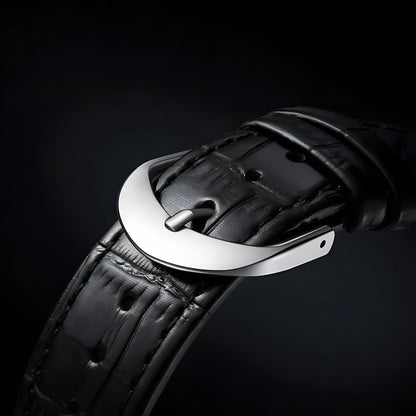 Mark Fairwhale 6017 textured black leather strap with silver buckle closure