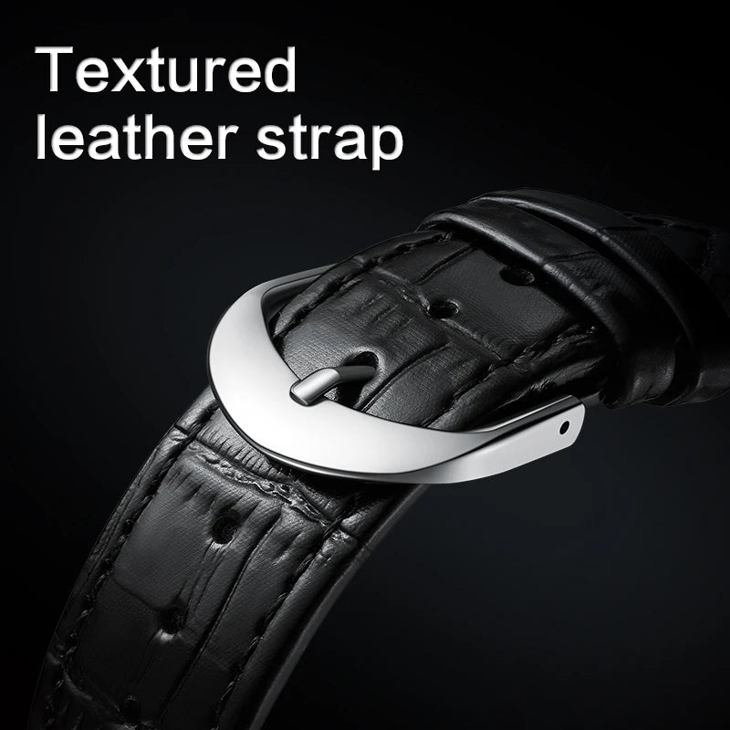 Mark Fairwhale 6017 textured black leather strap with silver buckle closure