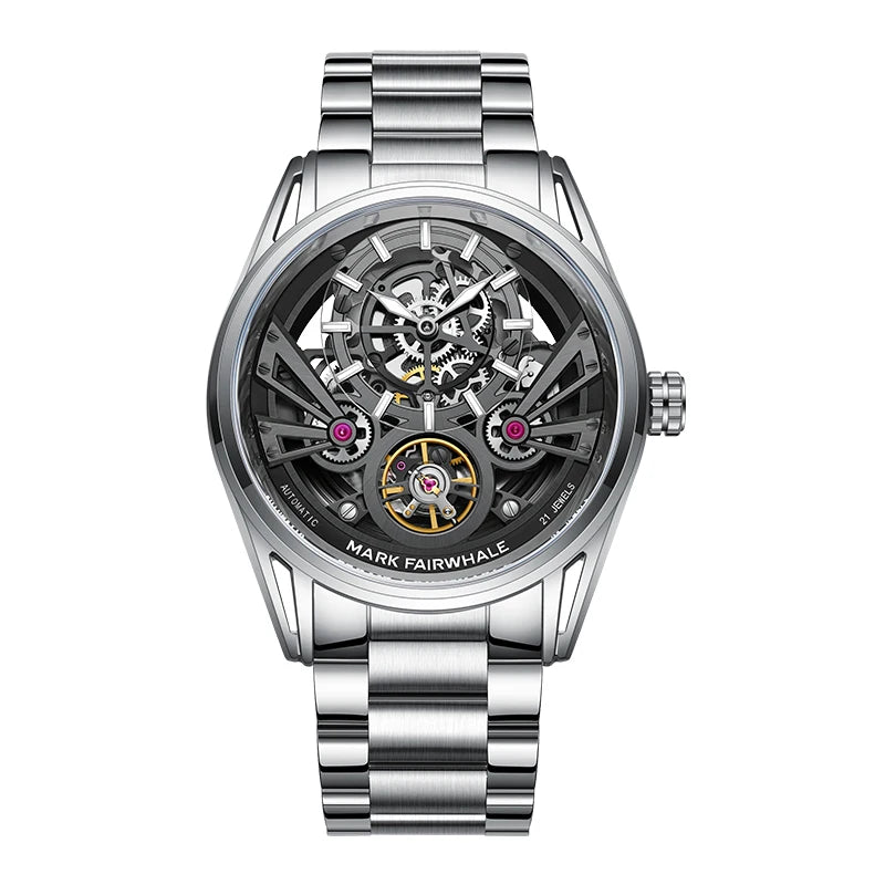 Mark Fairwhale 6021 black skeleton dial stainless steel automatic watch