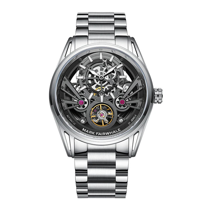 Mark Fairwhale 6021 black skeleton dial stainless steel automatic watch