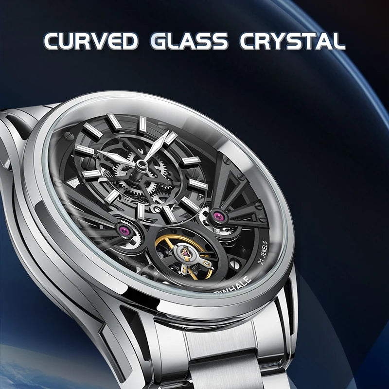 Mark Fairwhale 6021 curved glass skeleton dial men’s automatic watch