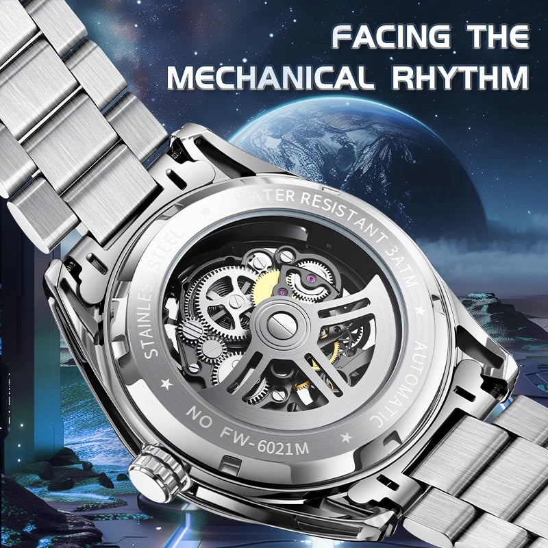 Mark Fairwhale 6021 skeleton automatic watch back view stainless steel