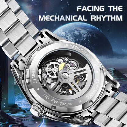 Mark Fairwhale 6021 skeleton automatic watch back view stainless steel