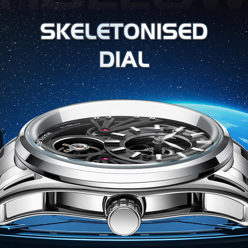Mark Fairwhale 6021 stainless steel skeleton watch with open dial