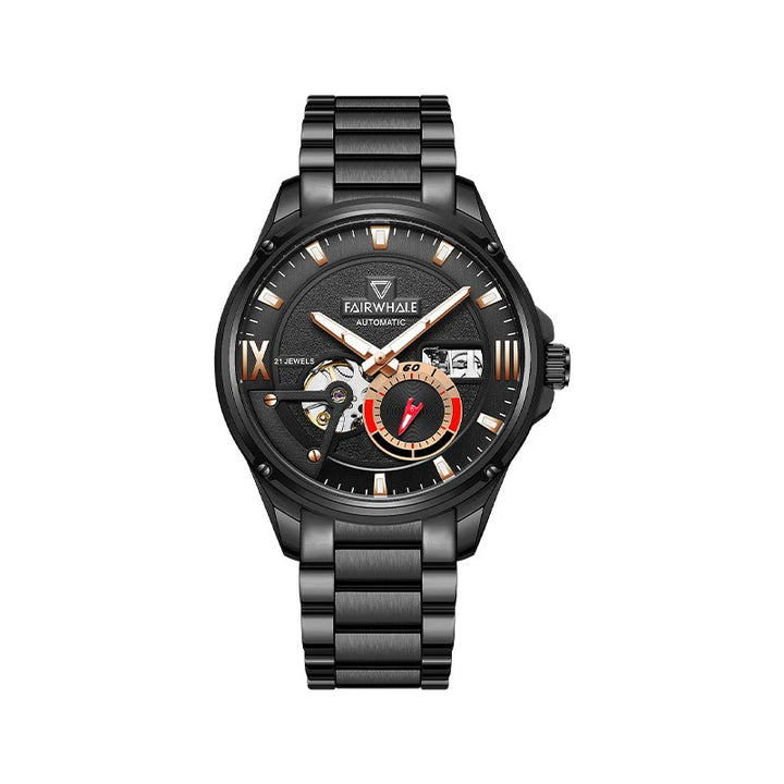 Mark Fairwhale 6070 THERION Obsidian Drive black skeleton automatic watch, 100M water resistant, stainless steel bracelet