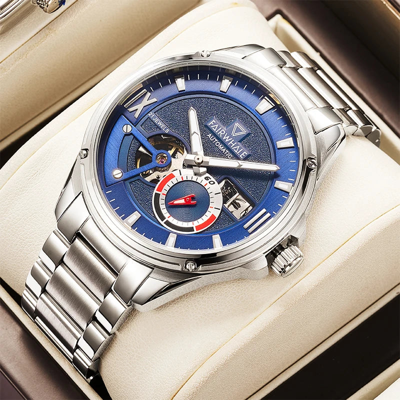Mark Fairwhale 6070 TREZOR skeleton automatic watch with blue dial and stainless steel bracelet, showcasing open-heart mechanics