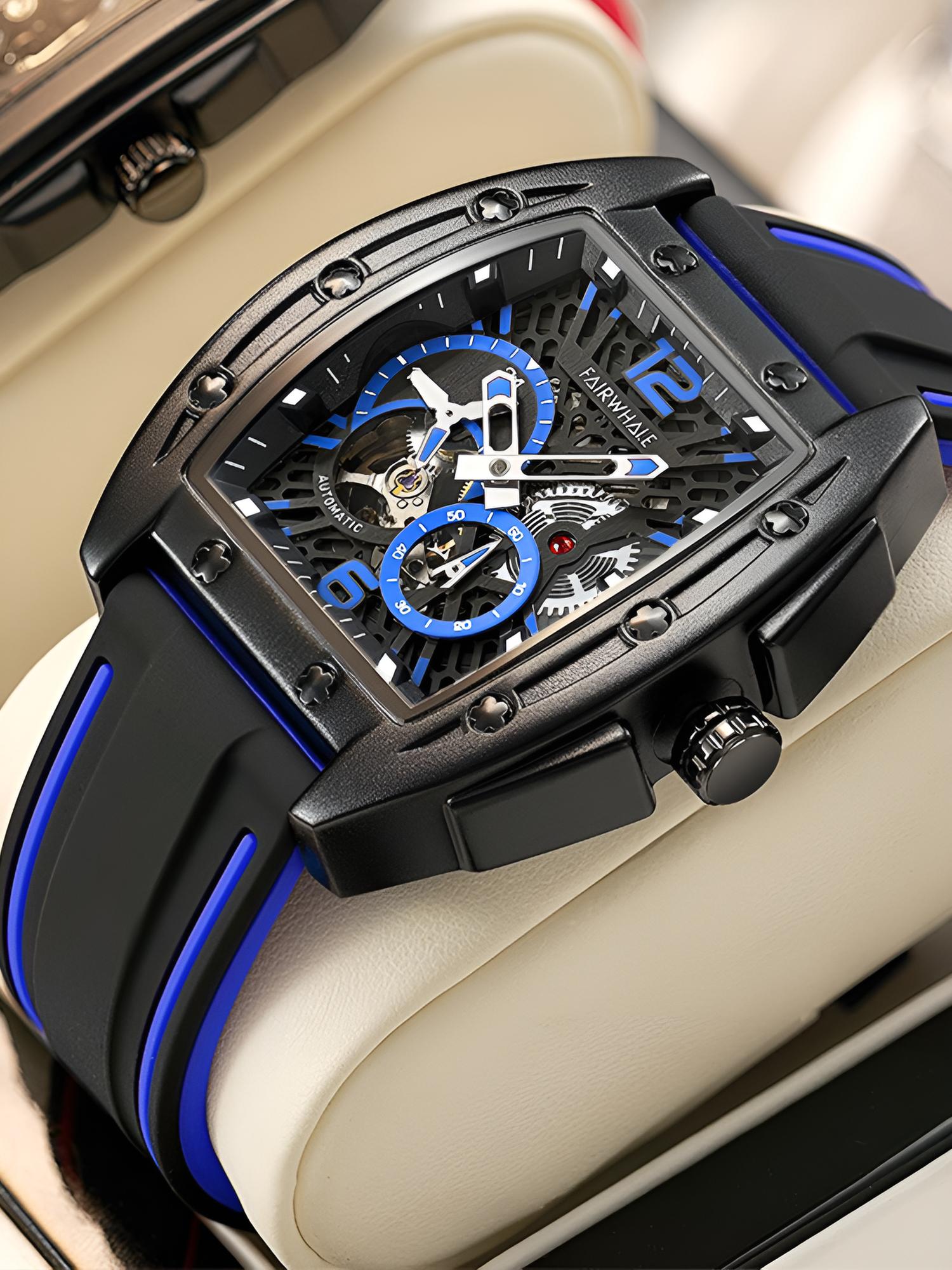 Mark Fairwhale 6280 TERRION men’s automatic tonneau watch with black skeleton dial and blue accents, showcasing mechanical movement and sport rubber strap