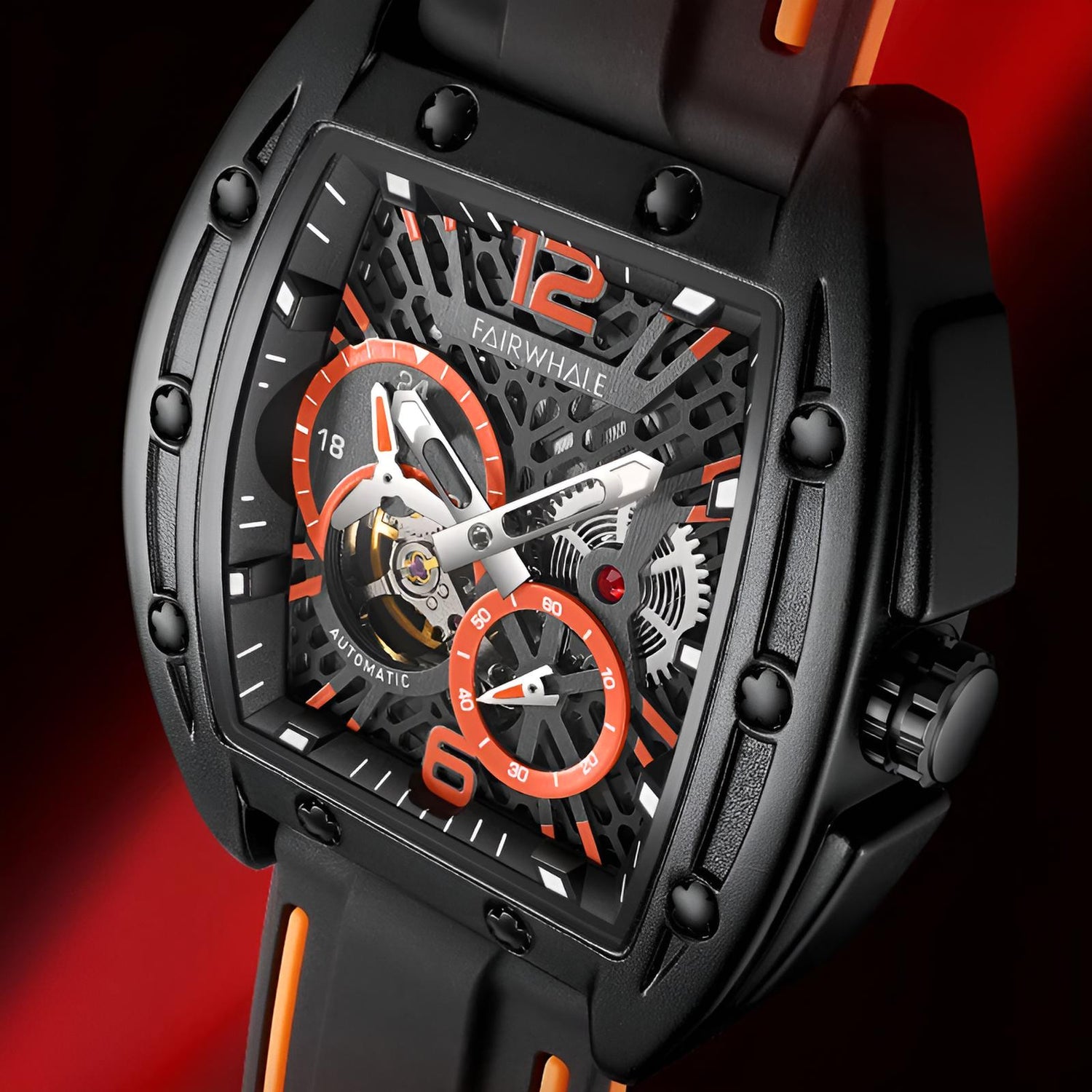 Mark Fairwhale 6280 TERRION men’s automatic tonneau watch with black skeleton dial and orange accents, showcasing mechanical movement and sport rubber strap