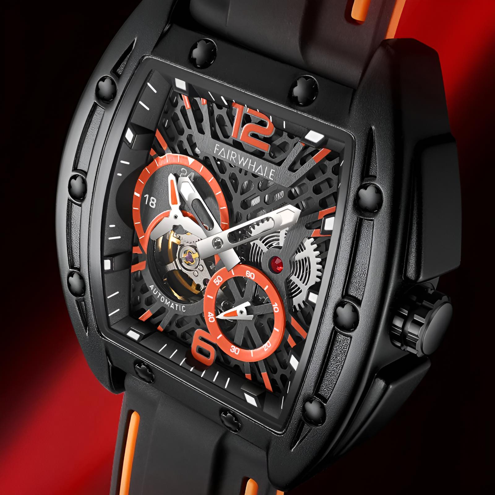 Mark Fairwhale 6280 TERRION men’s automatic tonneau watch with black skeleton dial and orange accents, showcasing mechanical movement and sport rubber strap