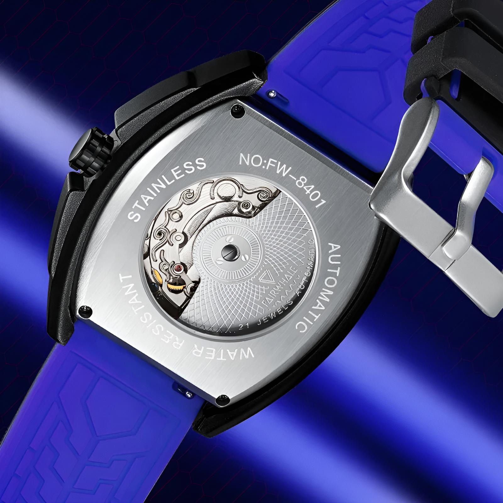 Mark Fairwhale 6280 TERRION men’s automatic tonneau watch with black skeleton dial and blue accents, showcasing mechanical movement and sport rubber strap
