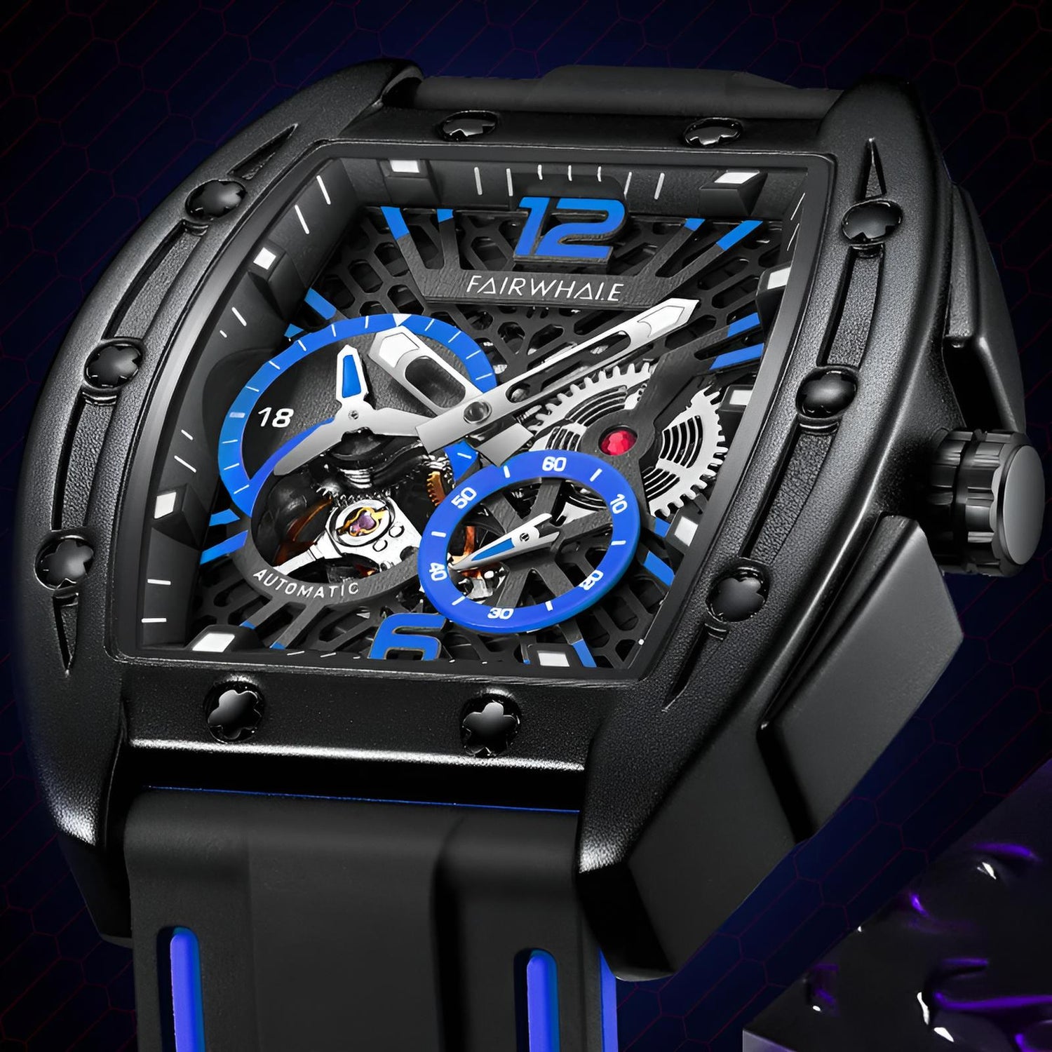 Mark Fairwhale 6280 TERRION men’s automatic tonneau watch with black skeleton dial and blue accents, showcasing mechanical movement and sport rubber strap