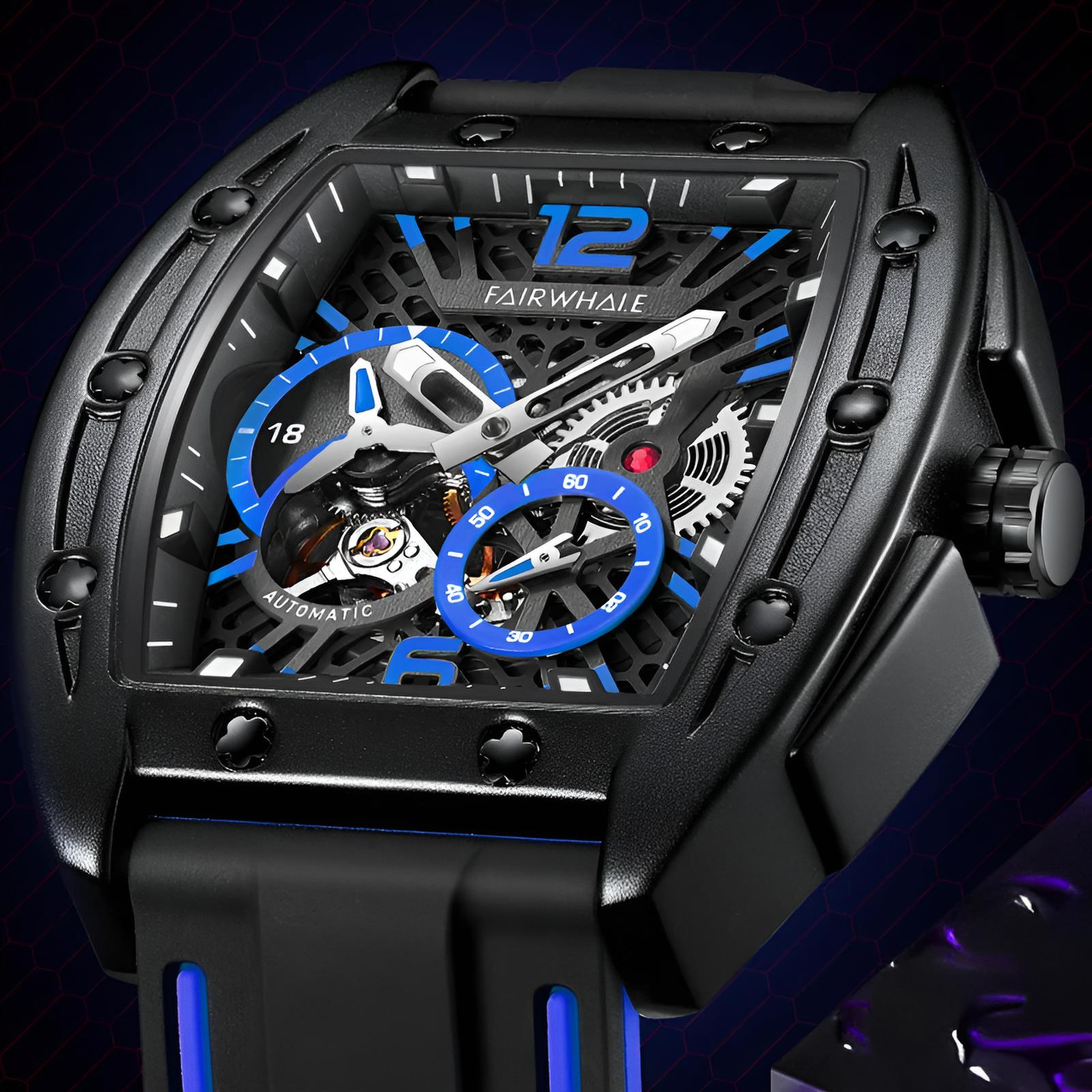 Mark Fairwhale 6280 TERRION men’s automatic tonneau watch with black skeleton dial and blue accents, showcasing mechanical movement and sport rubber strap
