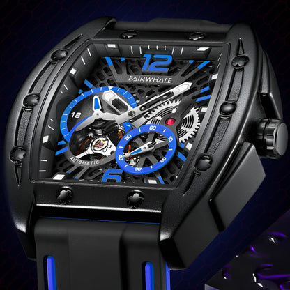 Mark Fairwhale 6280 TERRION men’s automatic tonneau watch with black skeleton dial and blue accents, showcasing mechanical movement and sport rubber strap