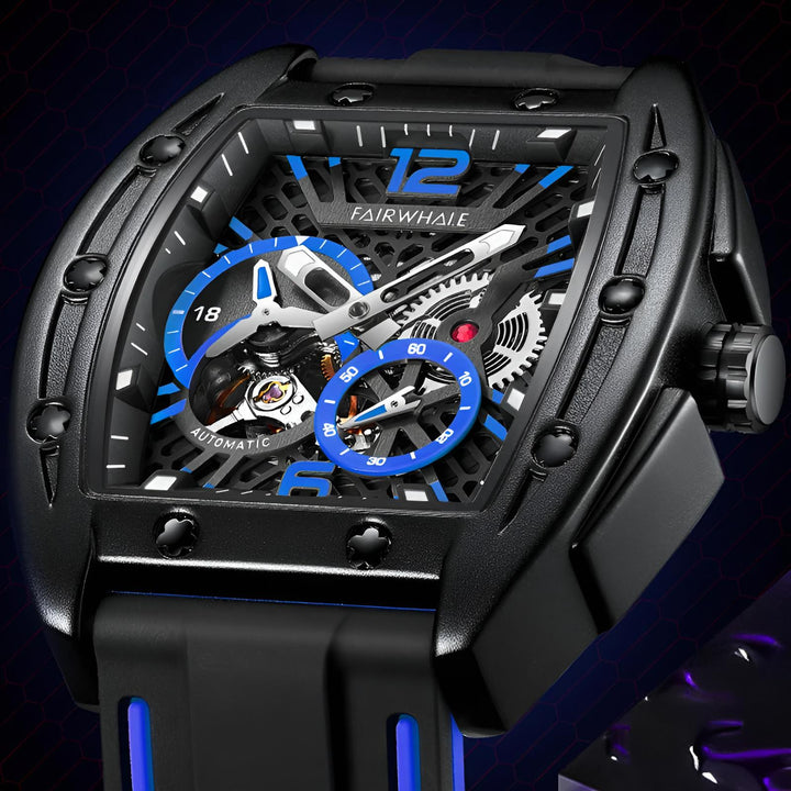 Mark Fairwhale 6280 TERRION men’s automatic tonneau watch with black skeleton dial and blue accents, showcasing mechanical movement and sport rubber strap
