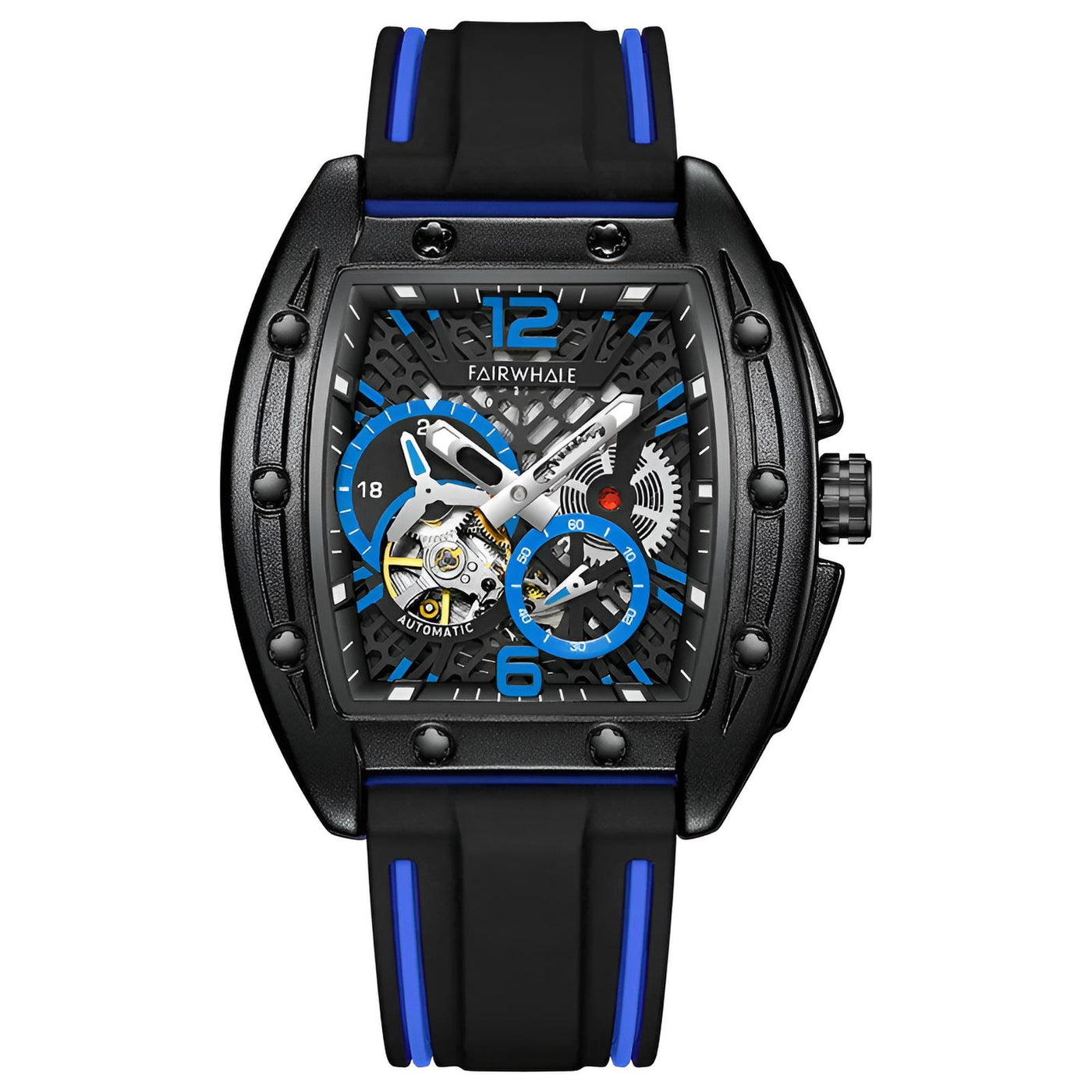 Mark Fairwhale 6280 TERRION men’s automatic tonneau watch with black skeleton dial and blue accents, showcasing mechanical movement and sport rubber strap