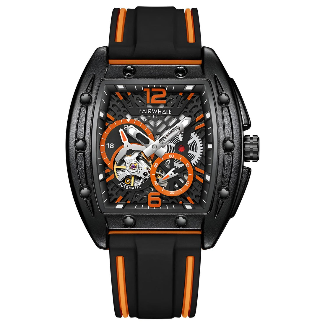 Mark Fairwhale 6280 TERRION men’s automatic tonneau watch with black skeleton dial and orange accents, showcasing mechanical movement and sport rubber strap