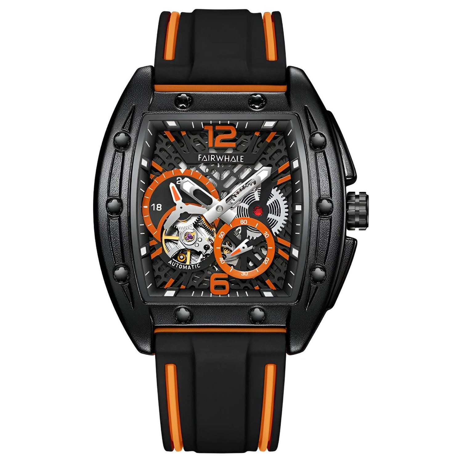 Mark Fairwhale 6280 TERRION men’s automatic tonneau watch with black skeleton dial and orange accents, showcasing mechanical movement and sport rubber strap
