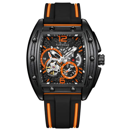 Mark Fairwhale 6280 TERRION men’s automatic tonneau watch with black skeleton dial and orange accents, showcasing mechanical movement and sport rubber strap