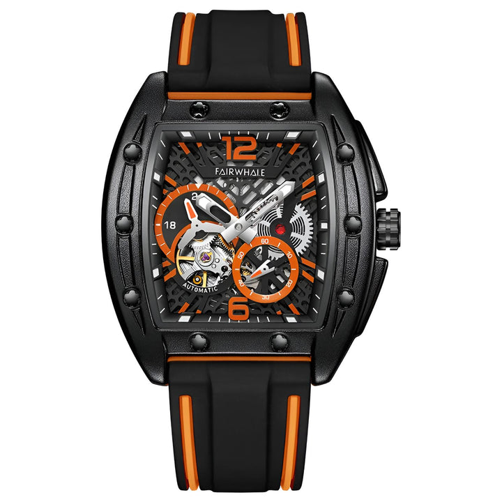 Mark Fairwhale 6280 TERRION men’s automatic tonneau watch with black skeleton dial and orange accents, showcasing mechanical movement and sport rubber strap