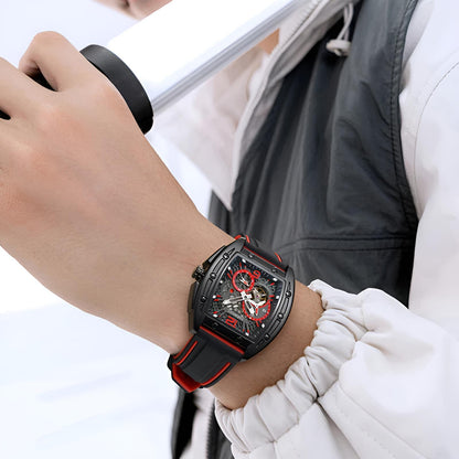 Mark Fairwhale 6280 TERRION men’s automatic tonneau watch with black skeleton dial and red accents, showcasing mechanical movement and sport rubber strap