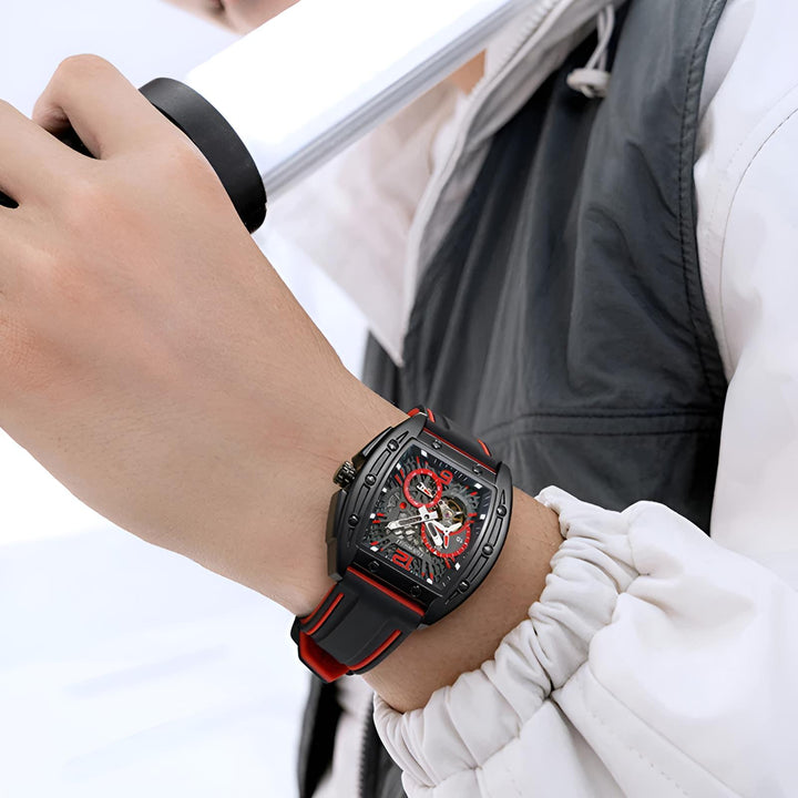 Mark Fairwhale 6280 TERRION men’s automatic tonneau watch with black skeleton dial and red accents, showcasing mechanical movement and sport rubber strap