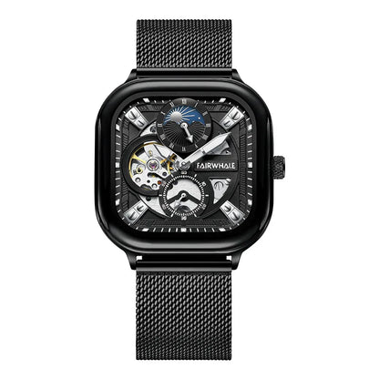 Mark Fairwhale 6290 AERION Obsidian Onyx moon phase automatic watch for men, stainless steel square case,