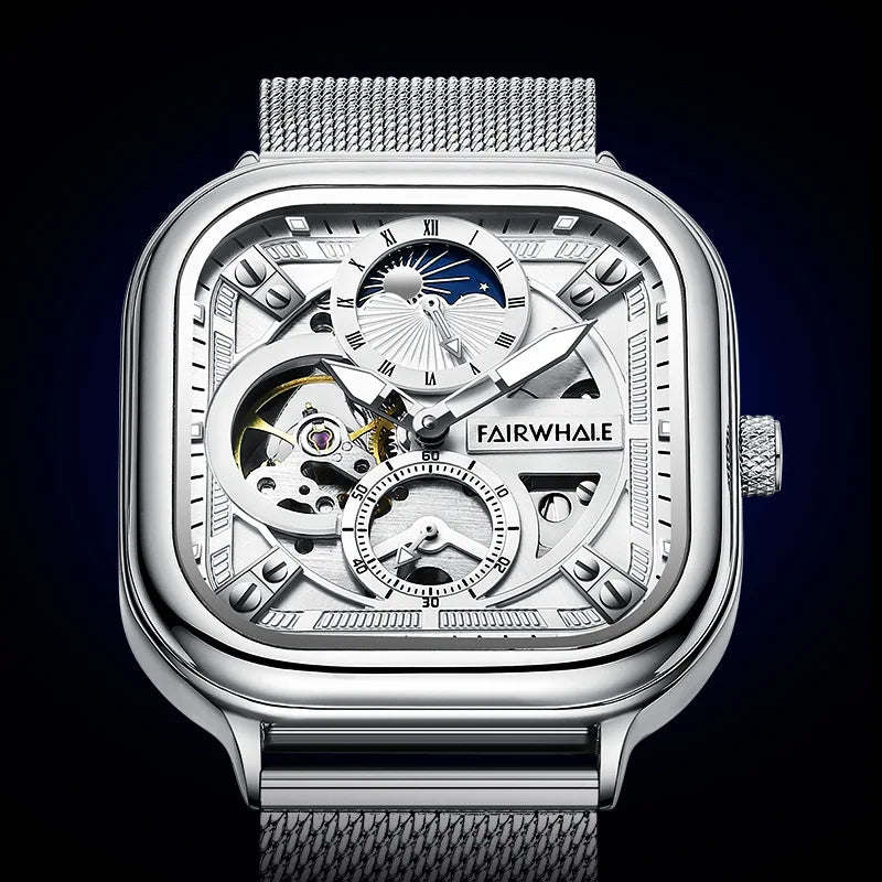 Mark Fairwhale 6290 ANERION automatic watch featuring silver skeleton dial with moon phase indicator and stainless steel mesh strap