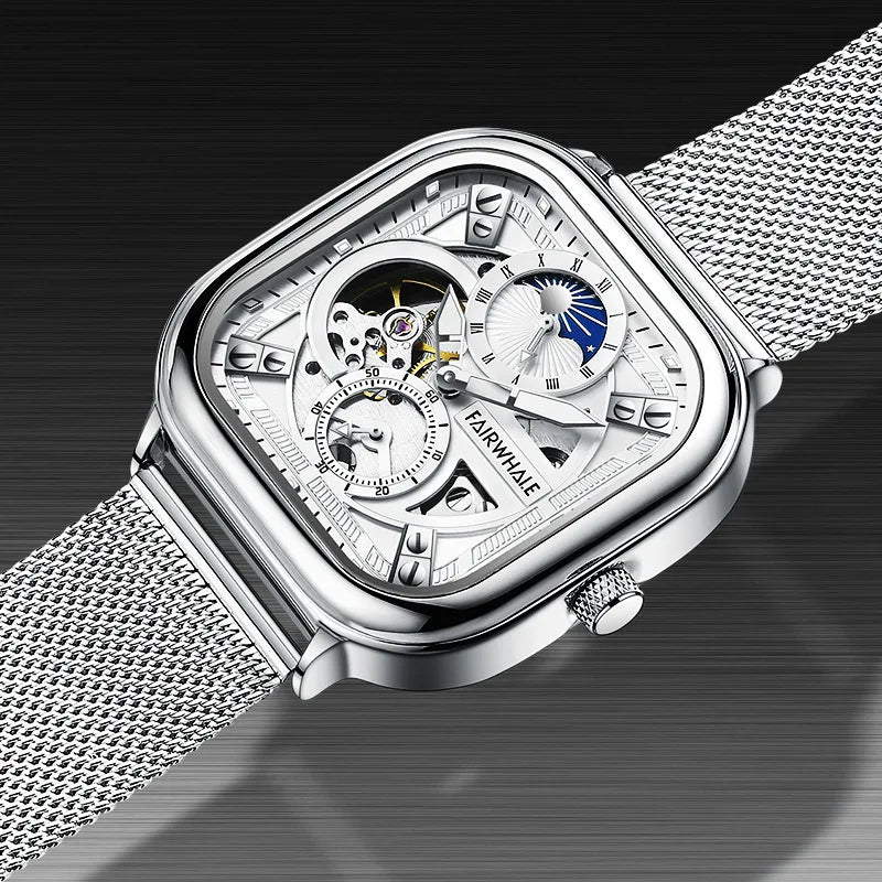 Mark Fairwhale 6290 ANERION automatic watch featuring silver skeleton dial with moon phase indicator and stainless steel mesh strap