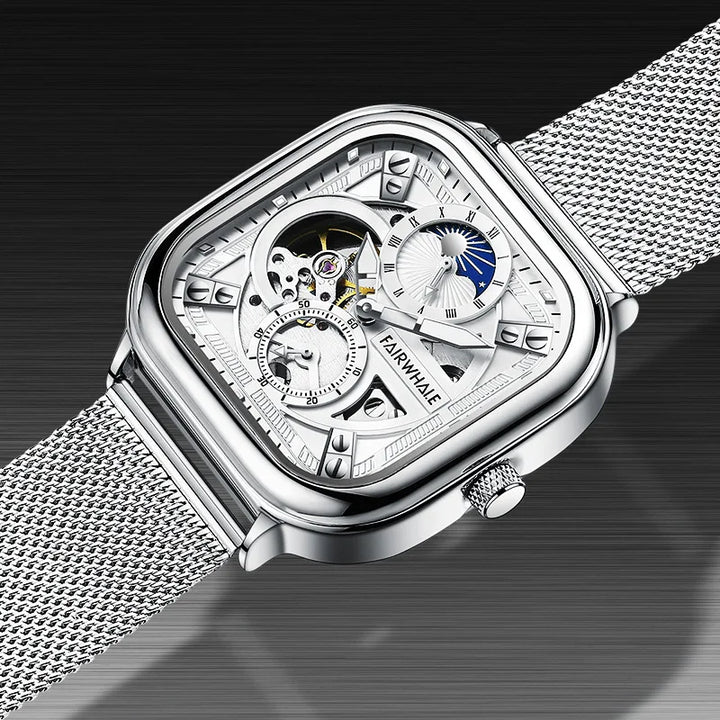 Mark Fairwhale 6290 ANERION automatic watch featuring silver skeleton dial with moon phase indicator and stainless steel mesh strap