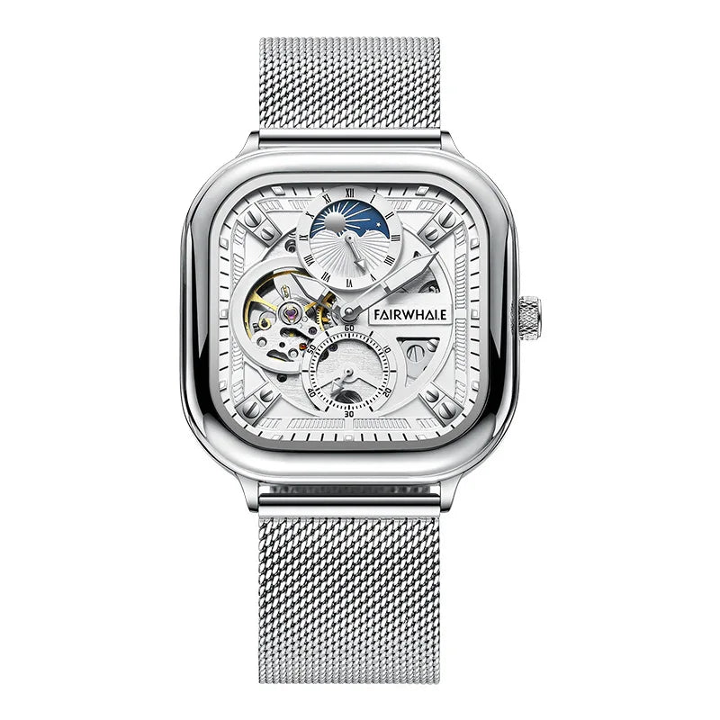 Mark Fairwhale 6290 ANERION automatic watch featuring silver skeleton dial with moon phase indicator and stainless steel mesh strap