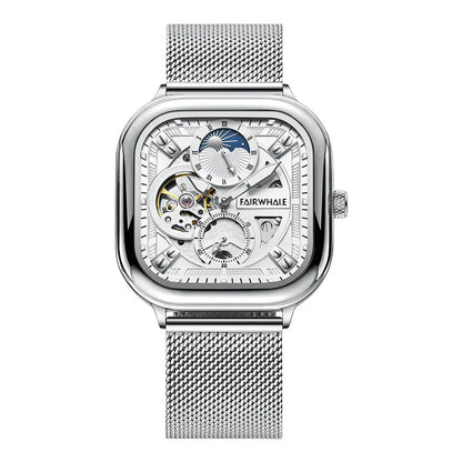 Mark Fairwhale 6290 ANERION automatic watch featuring silver skeleton dial with moon phase indicator and stainless steel mesh strap