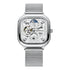 Mark Fairwhale 6290 ANERION automatic watch featuring silver skeleton dial with moon phase indicator and stainless steel mesh strap
