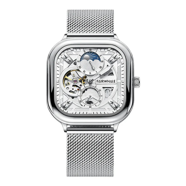 Mark Fairwhale 6290 ANERION automatic watch featuring silver skeleton dial with moon phase indicator and stainless steel mesh strap