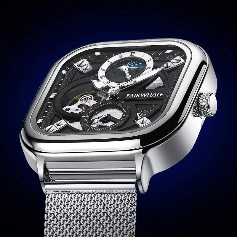 Mark Fairwhale 6290 ANERION automatic watch featuring silver skeleton dial with moon phase indicator and stainless steel mesh strap