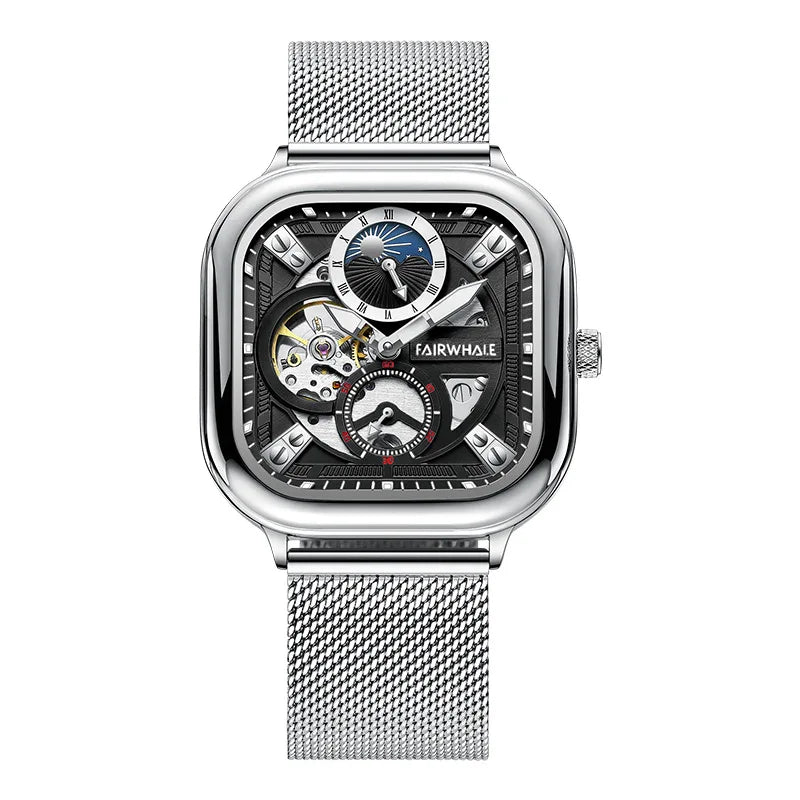 Mark Fairwhale 6290 ANERION automatic watch featuring silver skeleton dial with moon phase indicator and stainless steel mesh strap