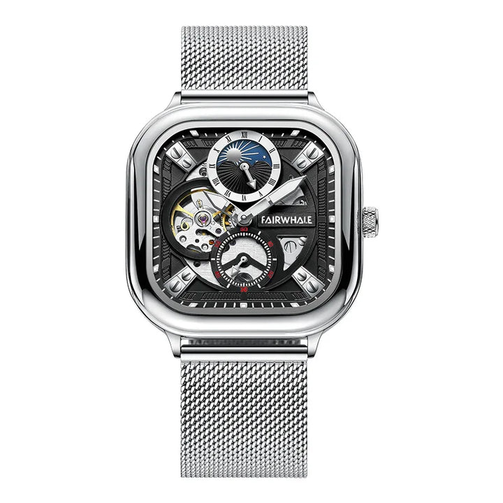 Mark Fairwhale 6290 ANERION automatic watch featuring silver skeleton dial with moon phase indicator and stainless steel mesh strap