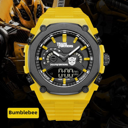 Mark Fairwhale 7110 Transformers - Yellow transparent digital quartz watch displayed with robotic background
