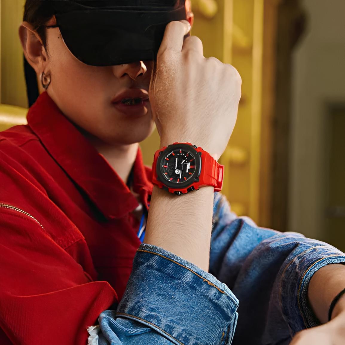 Mark Fairwhale 7110 TROVIX men’s red digital chronograph watch with stainless steel case and LED display, designed for modern sport and streetwear style.