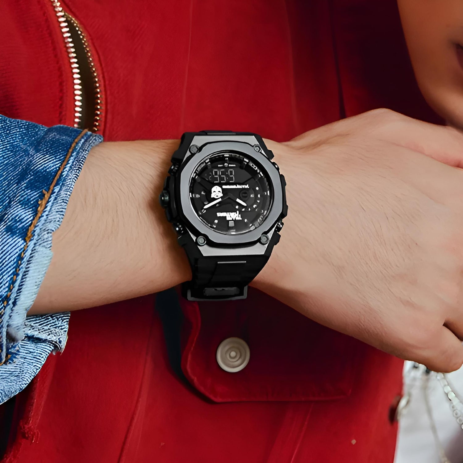 Mark Fairwhale 7110 Transformers - Black transparent digital quartz watch displayed with robotic background