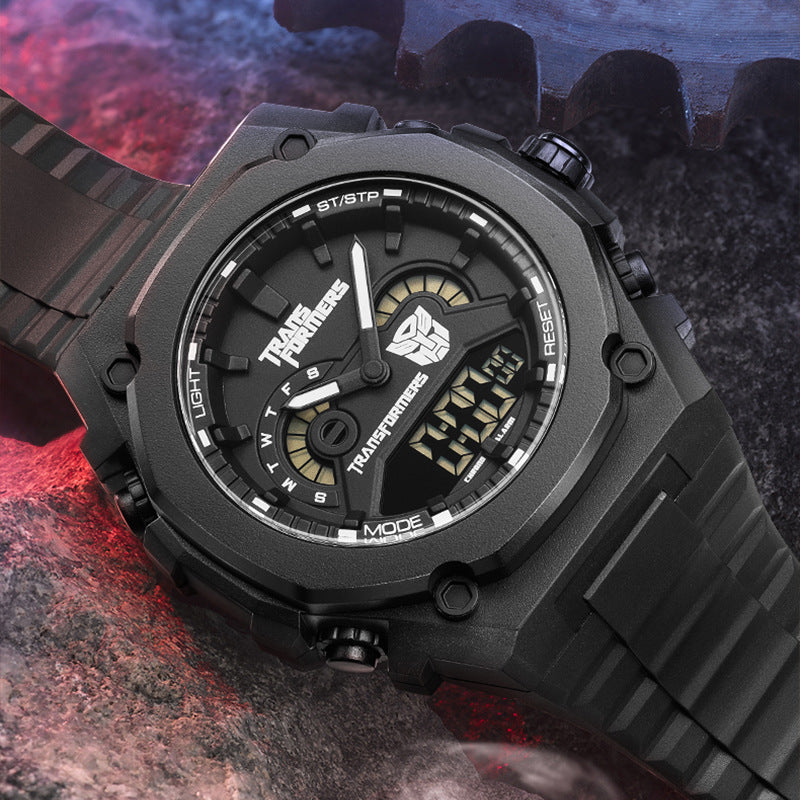 Mark Fairwhale 7110 Transformers - Black transparent digital quartz watch displayed with robotic background