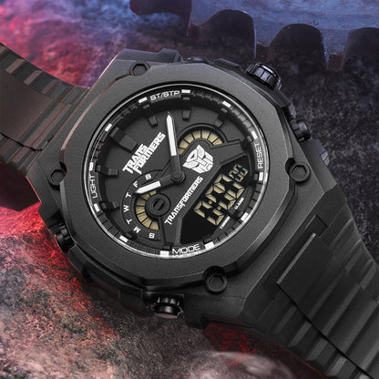 Mark Fairwhale 7110 Transformers - Black transparent digital quartz watch displayed with robotic background