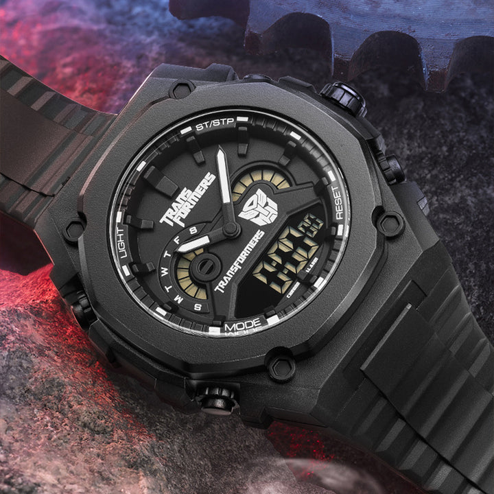 Mark Fairwhale 7110 Transformers - Black transparent digital quartz watch displayed with robotic background