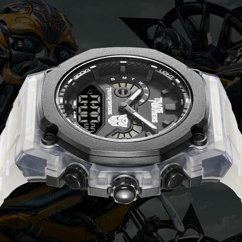 Mark Fairwhale 7110 Transformers - White transparent digital quartz watch displayed with robotic background