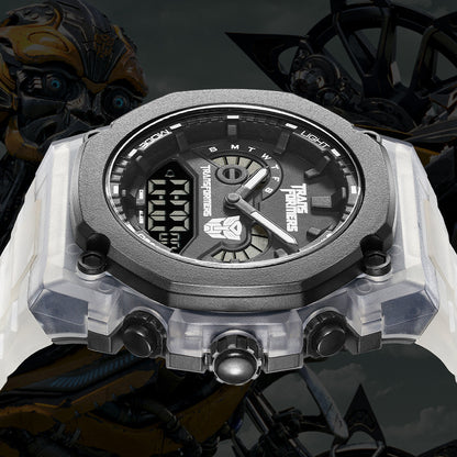 Mark Fairwhale 7110 Transformers - White transparent digital quartz watch displayed with robotic background