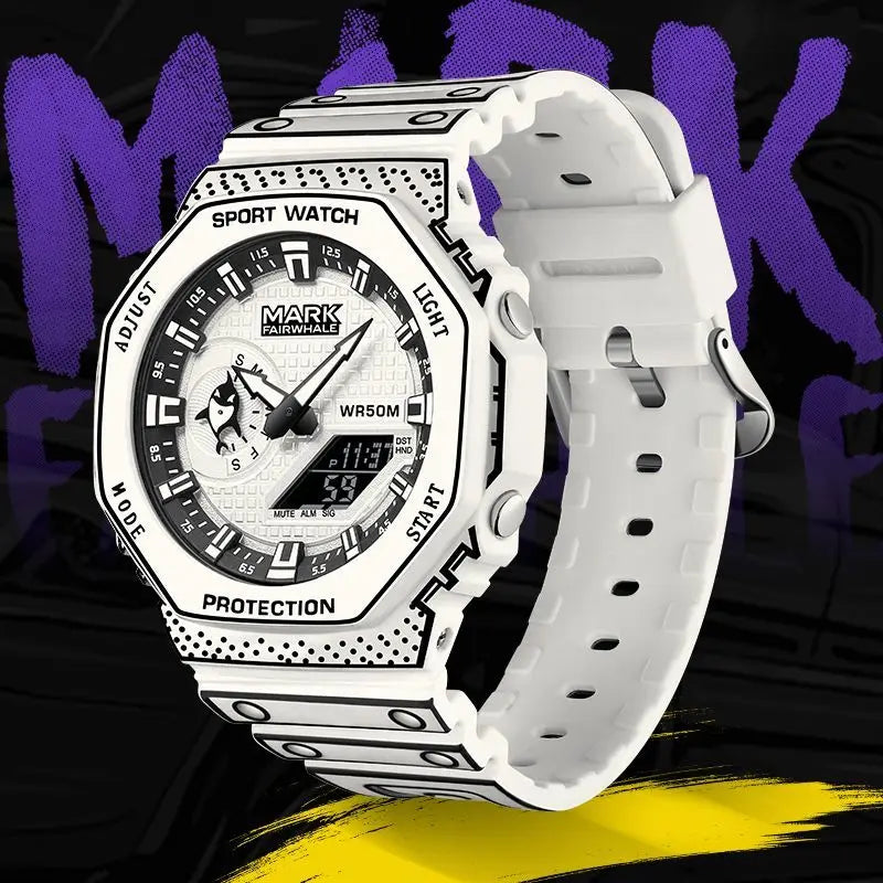 Mark Fairwhale 7210 NEXXO men’s square chronograph watch in white with analog-digital display and silicone strap, luxury sport design.