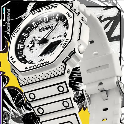 Mark Fairwhale 7210 NEXXO men’s square chronograph watch in white with analog-digital display and silicone strap, luxury sport design.

