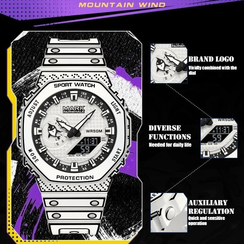 Mark Fairwhale 7210 NEXXO men’s square chronograph watch in white with analog-digital display and silicone strap, luxury sport design.
